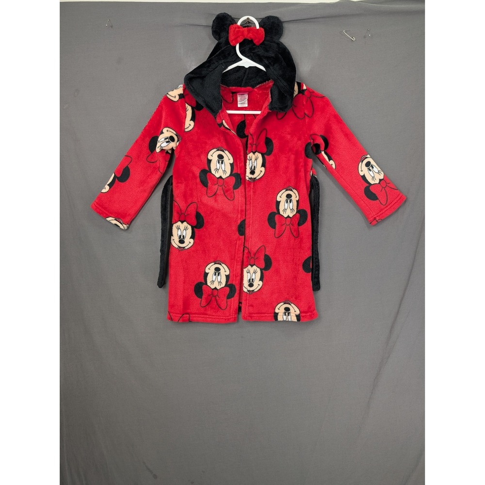 Disney Minnie Mouse Girls Red Fleece Plush Hooded Robe Size 4/5